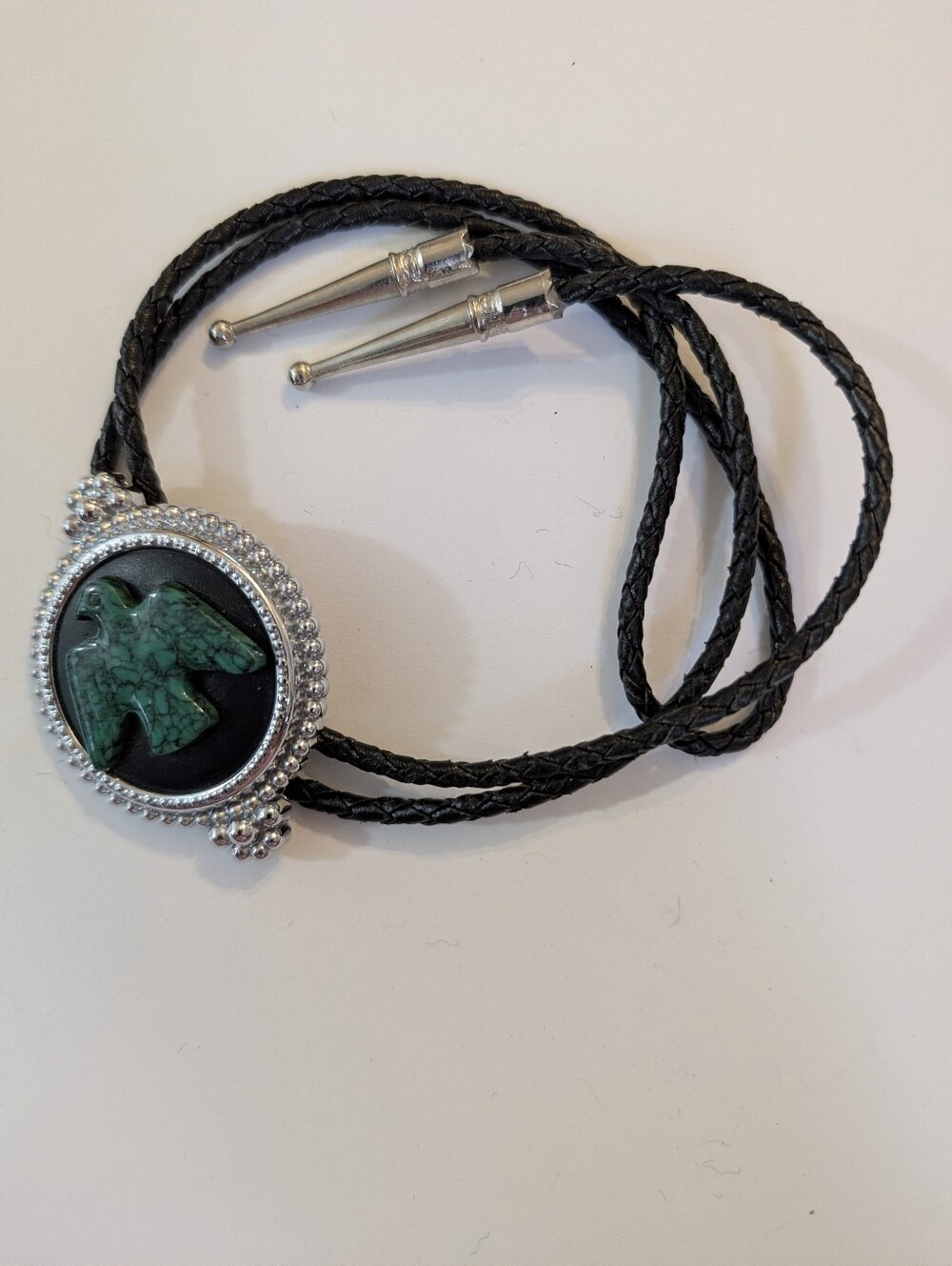Green Faux Malachite Eagle Thunderbird Bolo Tie Silver Tone Black Cord Vintage